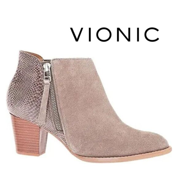 Vionic, Anne Greige Suede Leather Snakeskin Stacked High Heel Zipper Ankle Boot - Picture 1 of 8